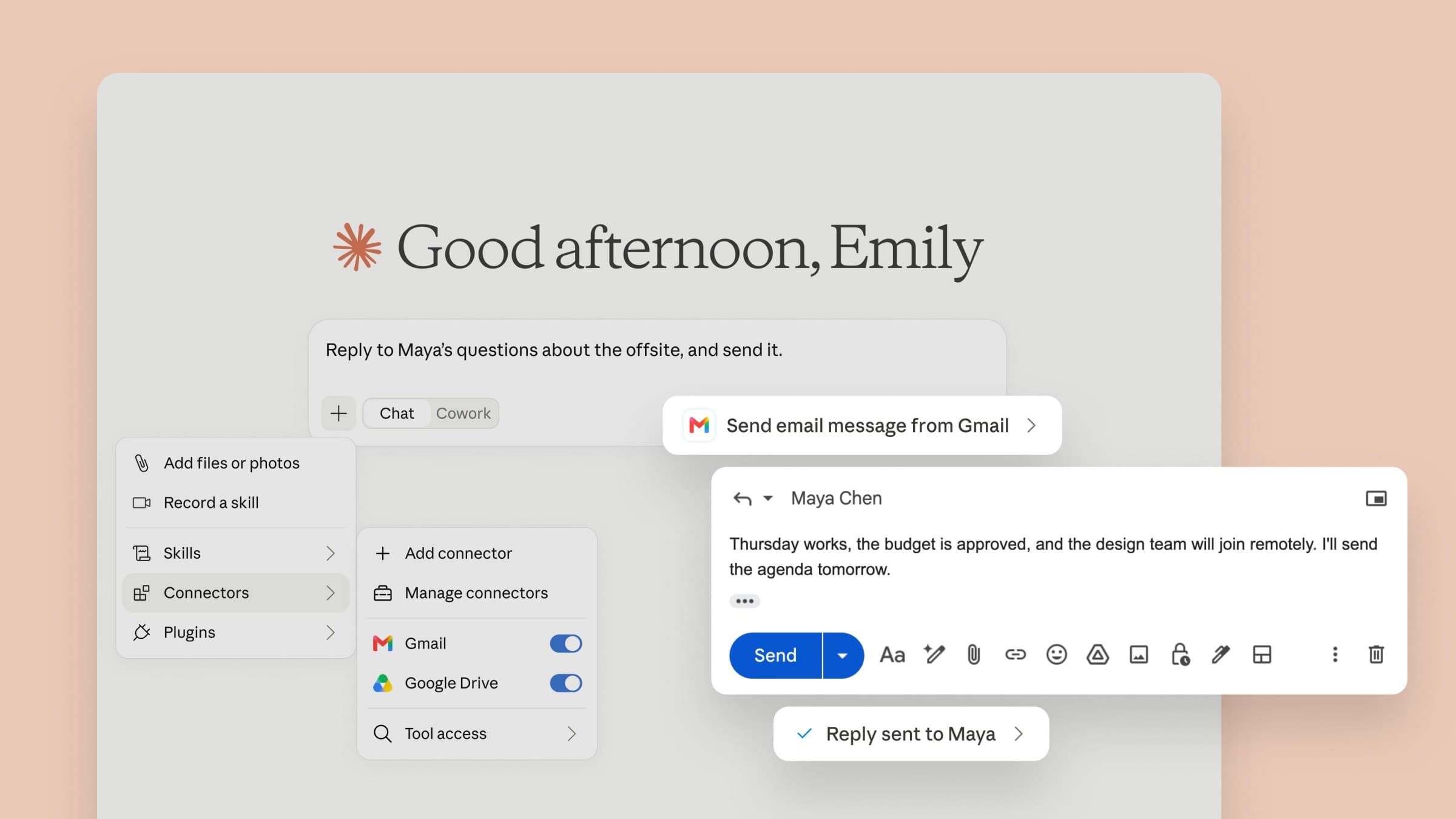 Claude can do more with Gmail and Google Drive, and access to Claude Cowork is expanding. - The Verge image 2